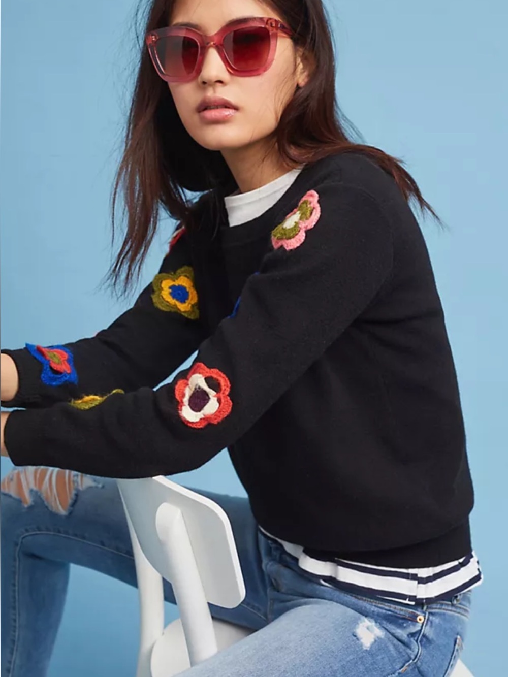 Anthropologie Harlyn Avery Embroidered Applique Sleeve Pullover Sweater Black S